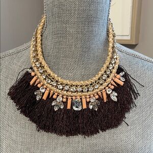 Elegant Brown Tassel Beige Velvet Ribbon Rhinestone Statement Bib Necklace